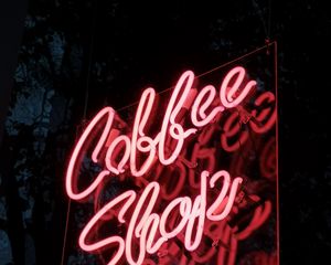 Preview wallpaper coffee, inscription, neon, backlight, dark