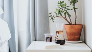 Preview wallpaper coffee, jug, plant, pot, decor, aesthetics, light