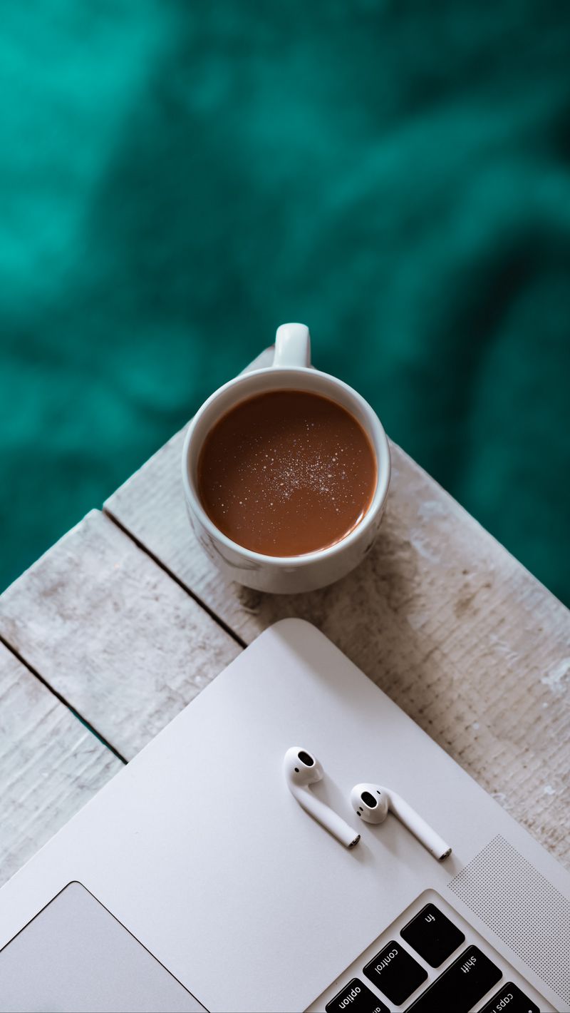 800x1420 Wallpaper coffee, macbook, headphones, still life