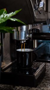 Preview wallpaper coffee machine, mug, coffee, leaves, plant