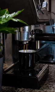 Preview wallpaper coffee machine, mug, coffee, leaves, plant