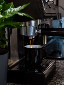 Preview wallpaper coffee machine, mug, coffee, leaves, plant