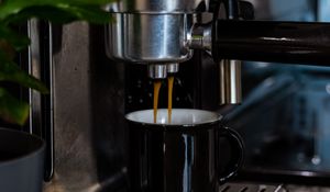 Preview wallpaper coffee machine, mug, coffee, leaves, plant