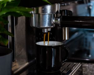 Preview wallpaper coffee machine, mug, coffee, leaves, plant