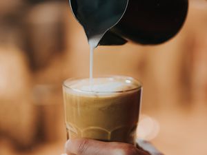 Preview wallpaper coffee, milk, glass, hand, drink