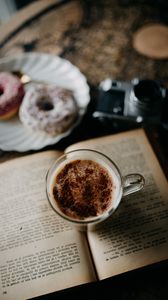 Preview wallpaper coffee, mug, book, donuts, dessert, camera