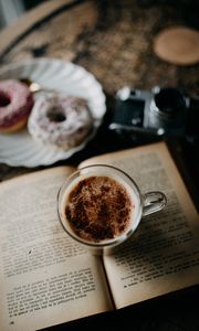 Preview wallpaper coffee, mug, book, donuts, dessert, camera