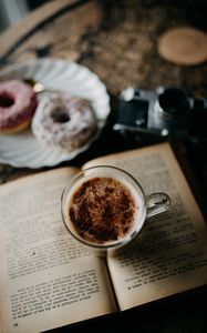 Preview wallpaper coffee, mug, book, donuts, dessert, camera