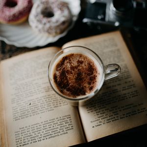 Preview wallpaper coffee, mug, book, donuts, dessert, camera