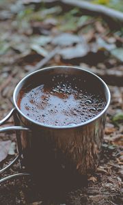 Preview wallpaper coffee, mug, foam, foliage