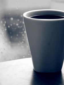 Preview wallpaper coffee, mug, glass, window, drops, rain, grief, black-and-white