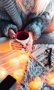 Preview wallpaper coffee, mug, hands, garland, comfort, mood