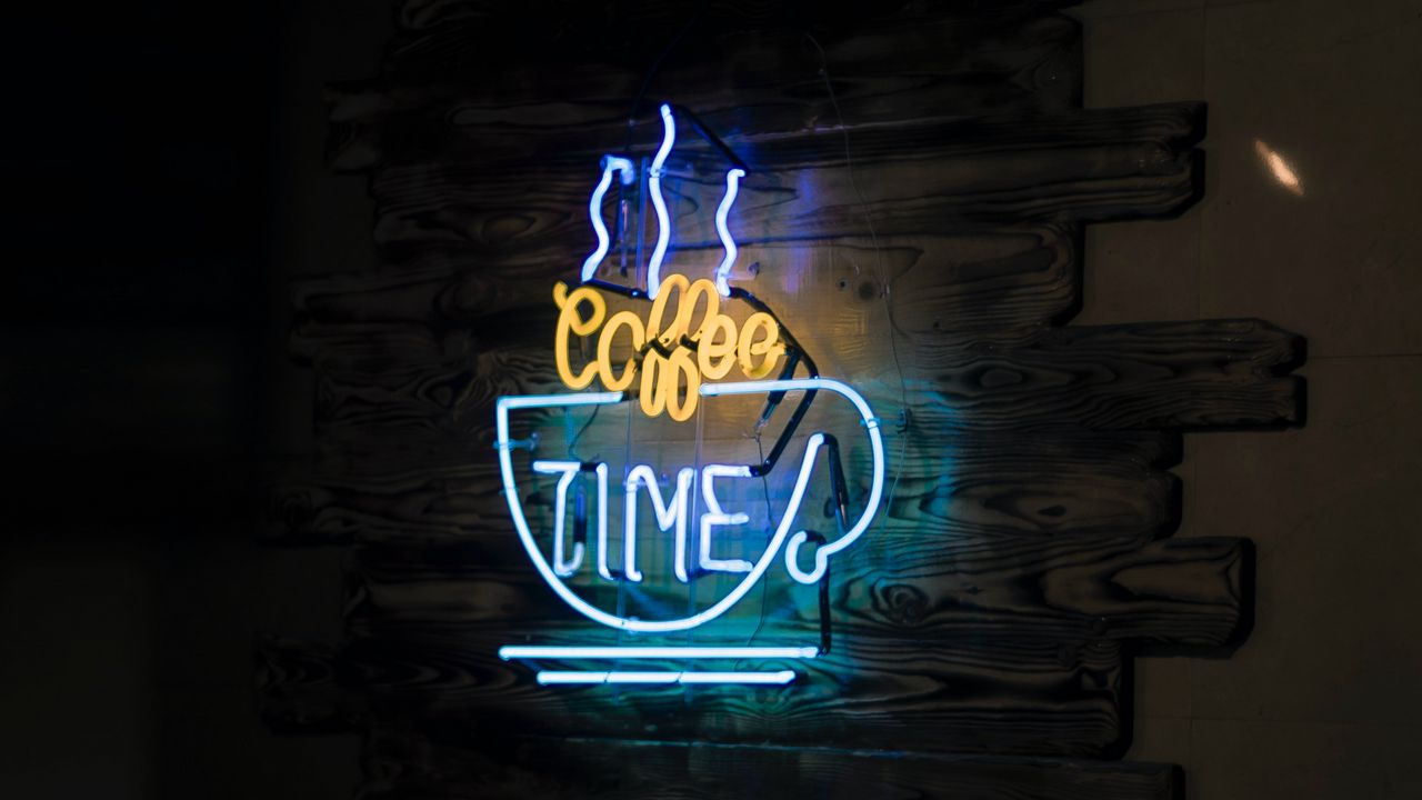 Wallpaper coffee, neon, text, glow, light