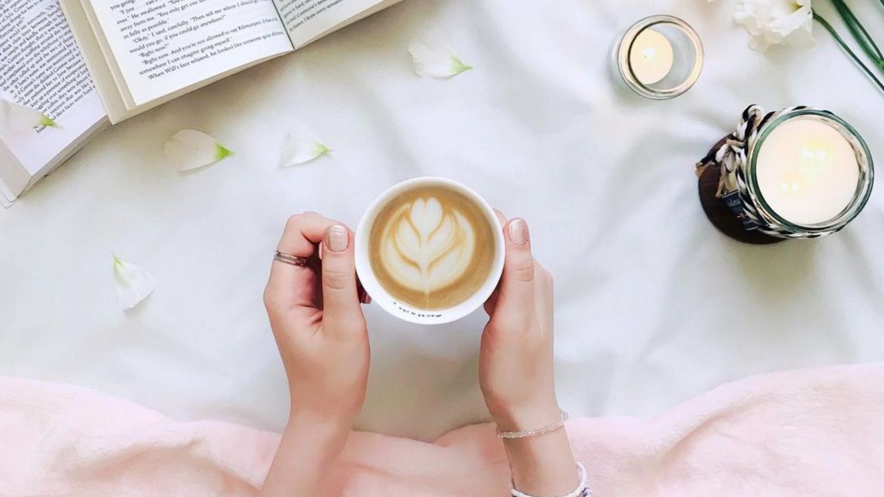 Wallpaper coffee, petals, book, candle, aesthetics