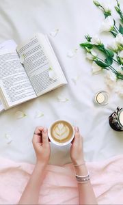 Preview wallpaper coffee, petals, book, candle, aesthetics