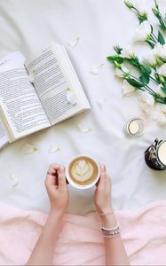 Preview wallpaper coffee, petals, book, candle, aesthetics