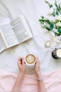 Preview wallpaper coffee, petals, book, candle, aesthetics