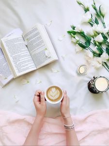 Preview wallpaper coffee, petals, book, candle, aesthetics