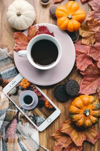 Preview wallpaper coffee, phone, pumpkin, autumn