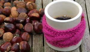 Preview wallpaper coffee, scarf, mug, nuts