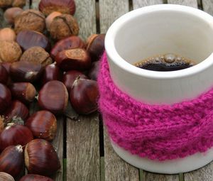 Preview wallpaper coffee, scarf, mug, nuts