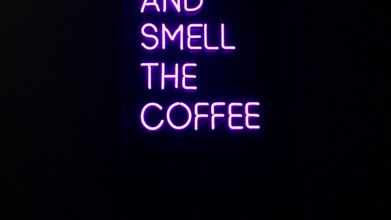Wallpaper coffee, text, neon, signboard, dark, purple