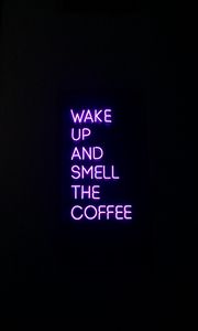 Preview wallpaper coffee, text, neon, signboard, dark, purple