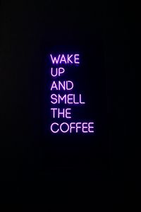 Preview wallpaper coffee, text, neon, signboard, dark, purple