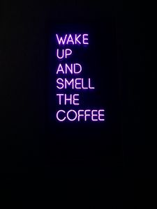 Preview wallpaper coffee, text, neon, signboard, dark, purple