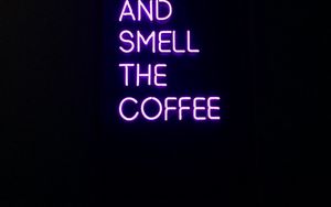 Preview wallpaper coffee, text, neon, signboard, dark, purple
