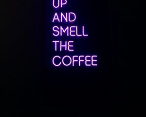 Preview wallpaper coffee, text, neon, signboard, dark, purple