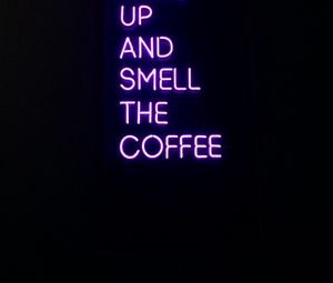 Preview wallpaper coffee, text, neon, signboard, dark, purple