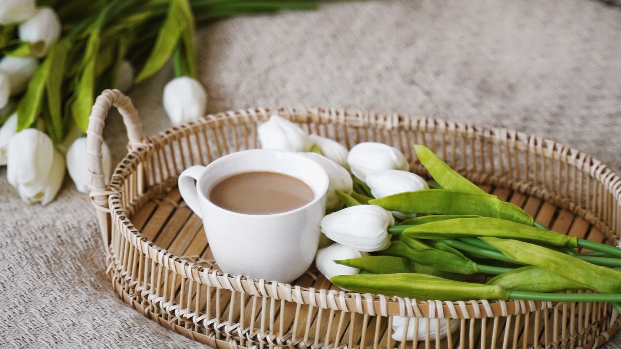 Wallpaper coffee, tulips, spring, interior