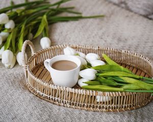 Preview wallpaper coffee, tulips, spring, interior