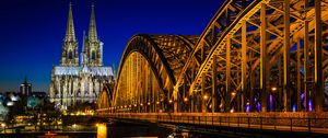 Preview wallpaper cologne cathedral, cathedral, bridge, river, evening