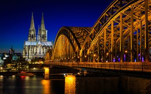 Preview wallpaper cologne cathedral, cathedral, bridge, river, evening