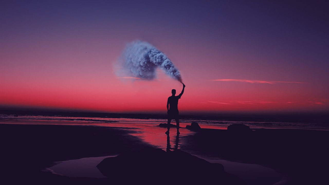 Wallpaper colored smoke, shore, sunset, people