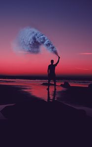 Preview wallpaper colored smoke, shore, sunset, people