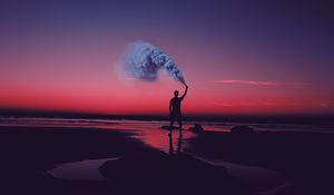 Preview wallpaper colored smoke, shore, sunset, people