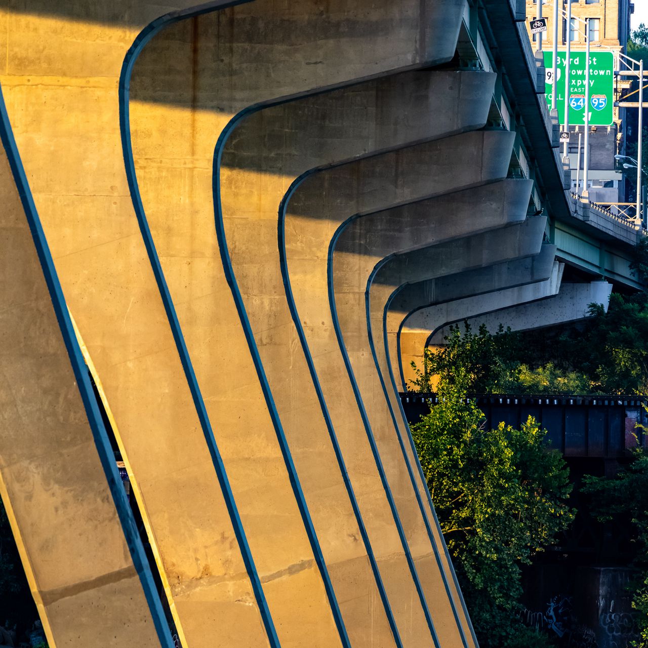 1280x1280 Wallpaper columns, bridge, river, grass, city