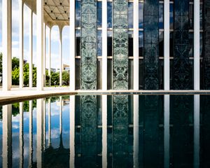 Preview wallpaper columns, building, facade, architecture, water, reflection