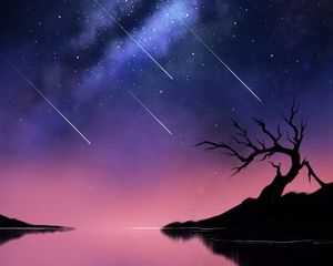 Preview wallpaper comets, space, tree, silhouette