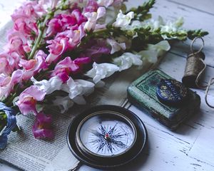 Preview wallpaper compass, flowers, newspaper, aesthetics