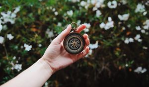 Preview wallpaper compass, hand, direction, branches, leaves