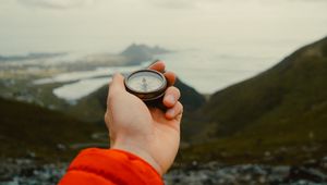 Preview wallpaper compass, hand, mountains, nature