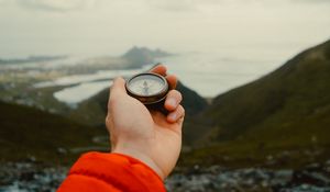 Preview wallpaper compass, hand, mountains, nature