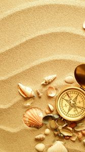 Preview wallpaper compass, shells, sand