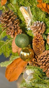 Preview wallpaper cones, balls, branches, needles, new year, christmas