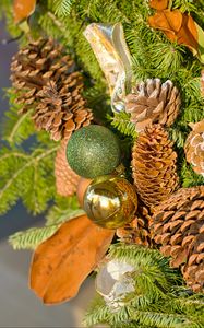 Preview wallpaper cones, balls, branches, needles, new year, christmas