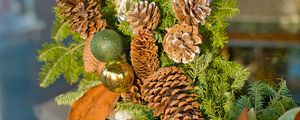Preview wallpaper cones, balls, branches, needles, new year, christmas
